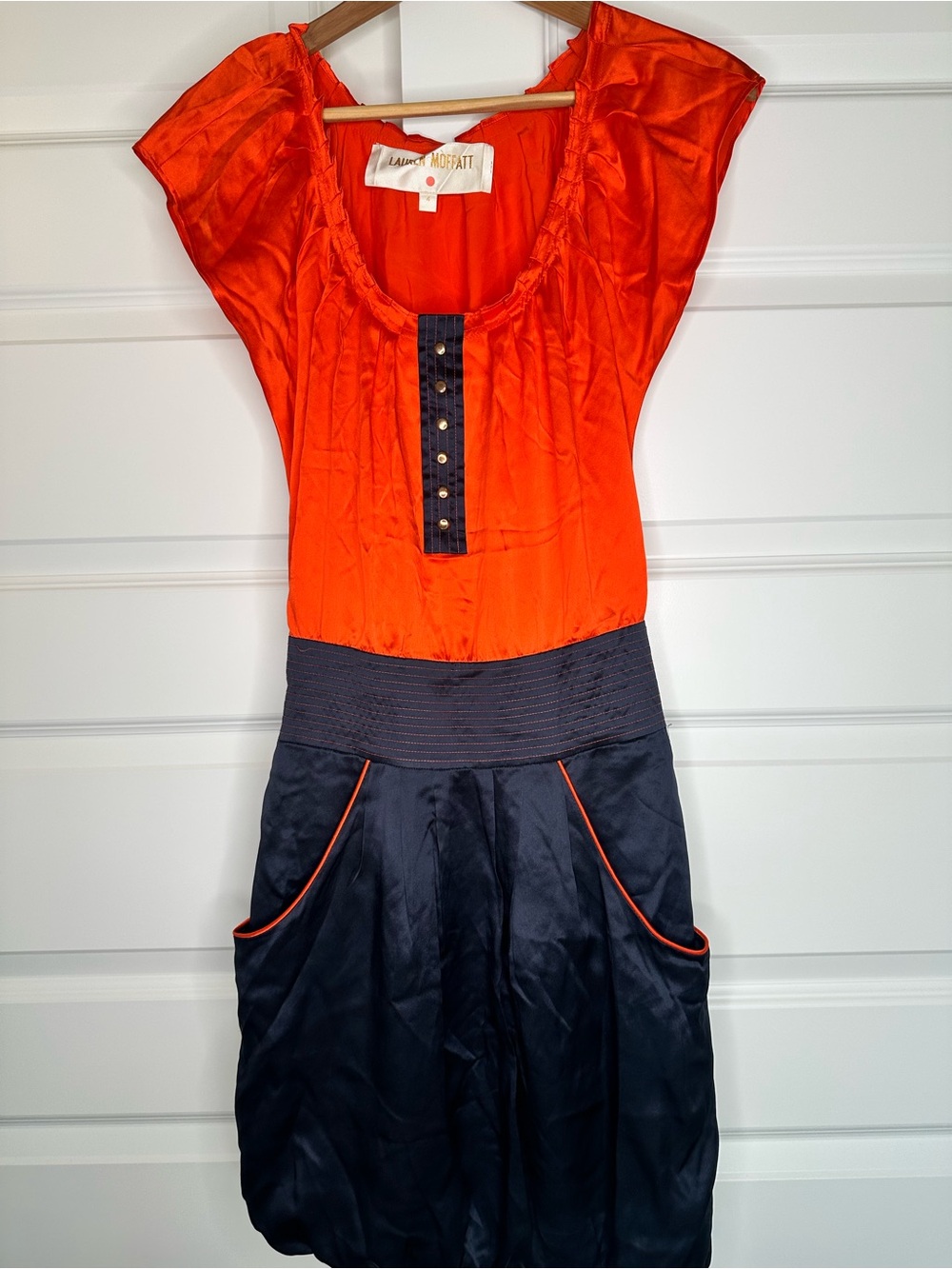 Lauren Moffatt Silk Dress Size 4 Orange Navy Colorblock Cap Sleeve Pockets EUC